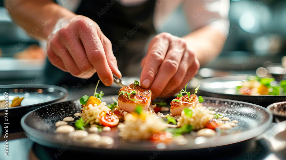 A chef is preparing a plate of food with a garnish of parsley