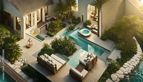 Stunning luxury backyard view of pool, chaise lounges, garden, pergola with hot tub. Modern and sleek, it has an effortless boho inspired, resort like feel. Inspired by Tulum, Mexico's eco-chic feel.