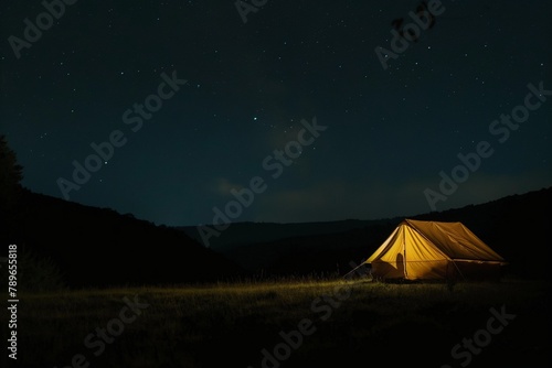 Tourist tent at night, Night sky with many stars, tourist tent at the hill closeup, yellow tent and sky closeup, yellow tent, tourist, traveler tent, travel