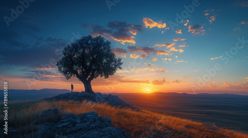 Person by tree on hill, sunset sky afterglow, natural landscape at dusk