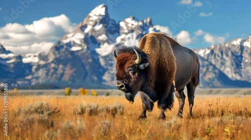 Majestic American Bison Roaming Free in the Wild, Stunning Mountain Landscape in the Background, Wildlife Photography. AI