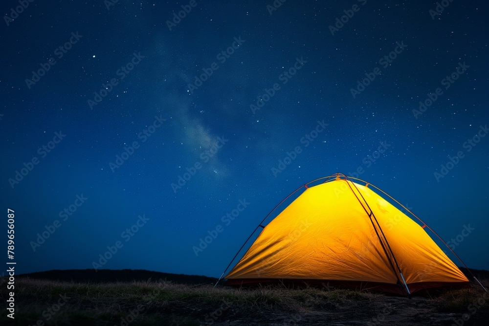 Tourist tent at night, Night sky with many stars, tourist tent at the hill closeup, yellow tent and sky closeup, yellow tent, tourist, traveler tent, travel