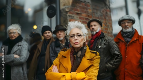 Portrait of elegant older woman with short hair, in rebellious and defiant attitude