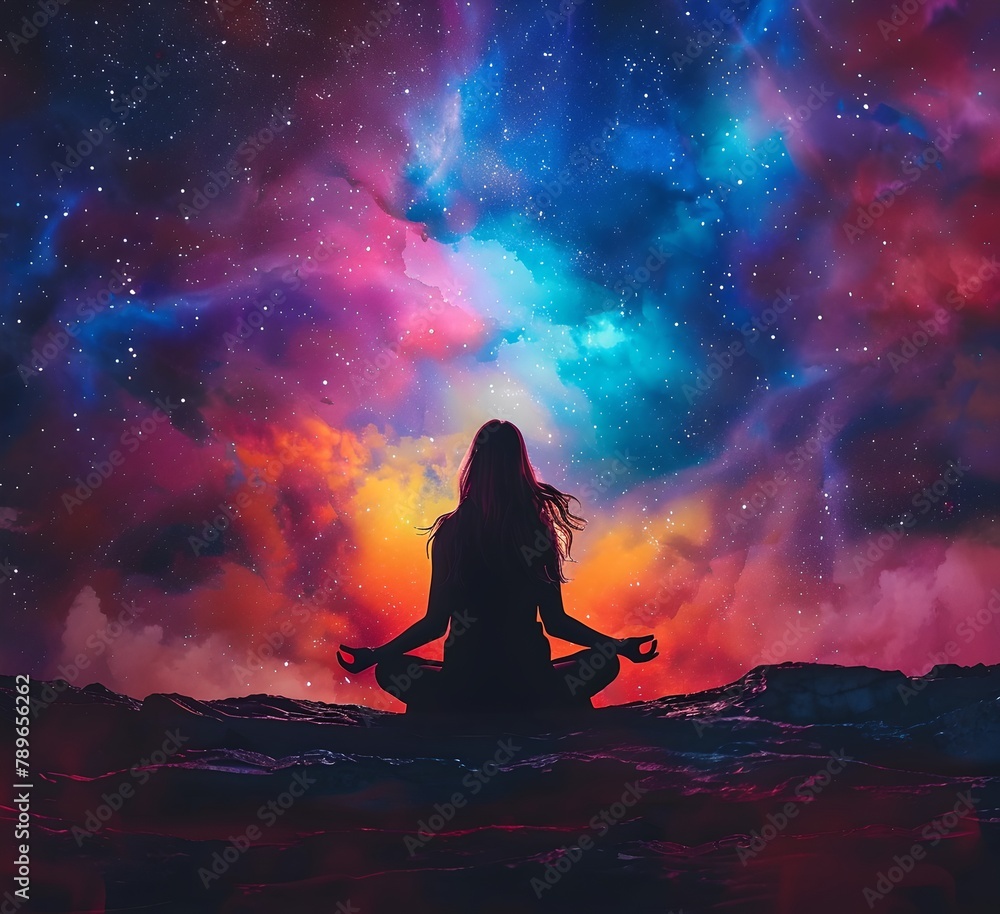 Serene Meditation in Cosmic Setting. Woman in Lotus Pose Under Starry Sky. Peaceful Yoga Practice. Mystic and Tranquility Concept. AI Serene Meditation in Cosmic Setting. Woman in Lotus Pose Under Starry Sky. Peaceful Yoga Practice. Mystic and Tranquility Concept. AI