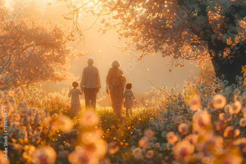 Grandparents, parents, and grandchildren gathering for a scenic nature walk, admiring blooming flowers and towering trees. Concept of leisurely family strolls amidst natural beauty. Generative Ai. © Sebastian