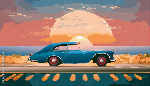 Vintage car on the road in the desert at sunset