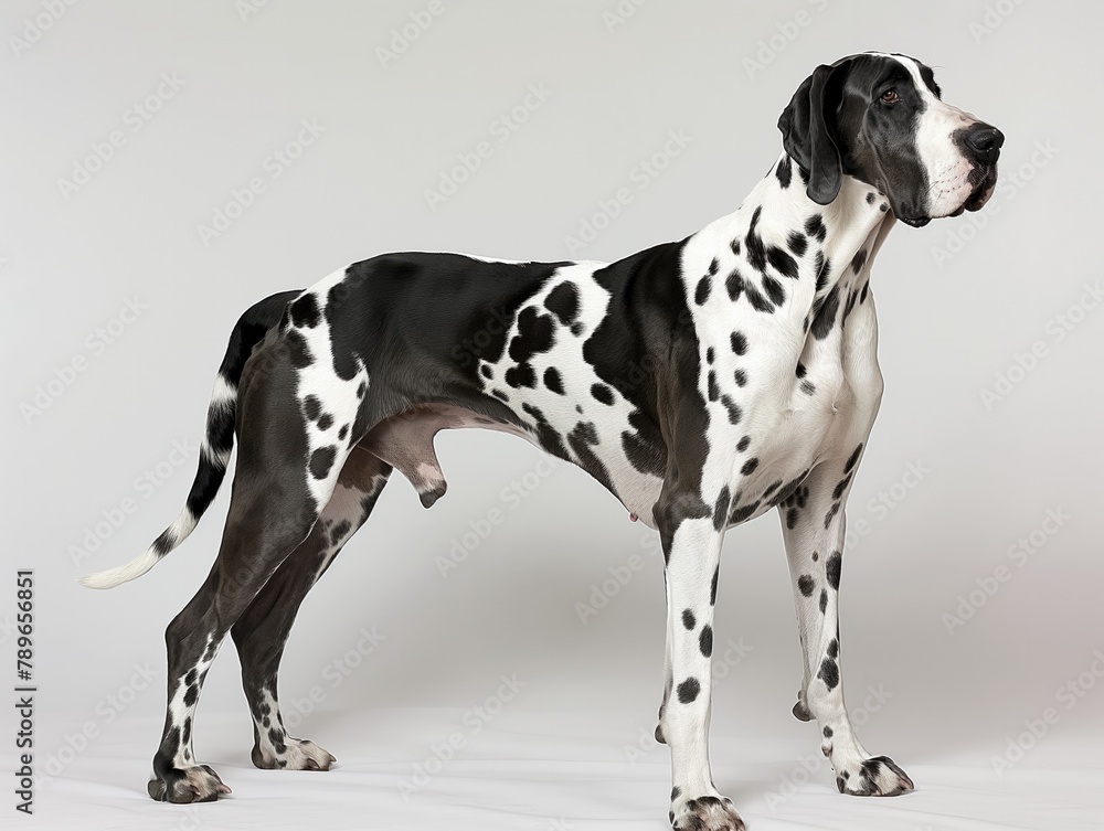 A large black and white dog with a large black penis. The dog is standing in front of a white background
