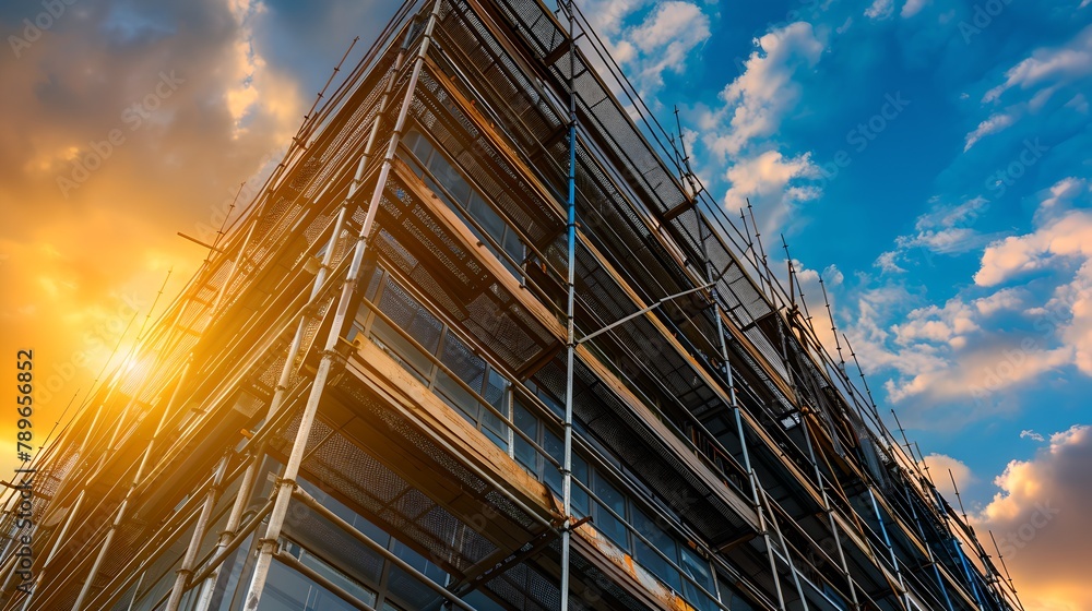 Sunset hues gracing the scaffolded facade of a building. Construction in progress under a vivid sky. Urban development with a warm glow. Architectural growth captured. Professional stock image. AI Sunset hues gracing the scaffolded facade of a building. Construction in progress under a vivid sky. Urban development with a warm glow. Architectural growth captured. Professional stock image. AI