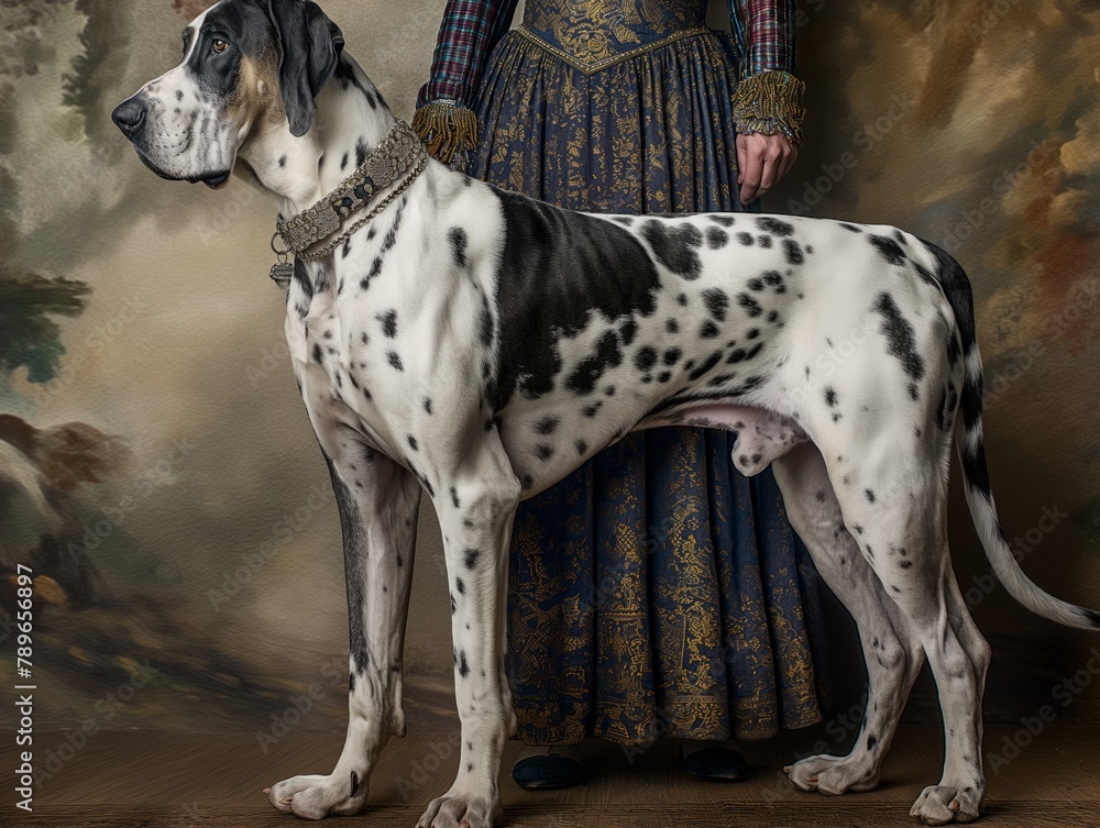 A woman stands next to a large black and white dog. The dog is wearing a collar and he is a Dalmatian. The woman is wearing a long dress and she is posing for a photo