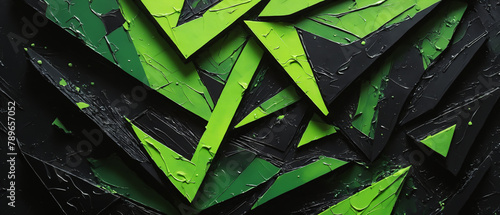 Neon green abstract paint triangle geometry on a black paint base, wallpaper