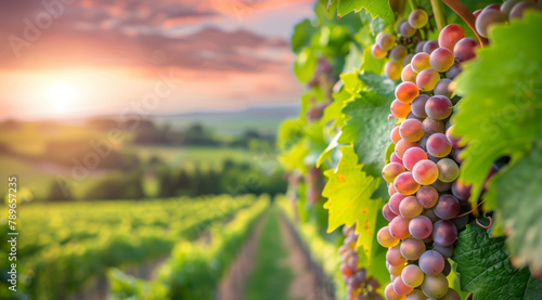 Bright ripe light grape on a branch overlooking a sunset landscape with vineyards