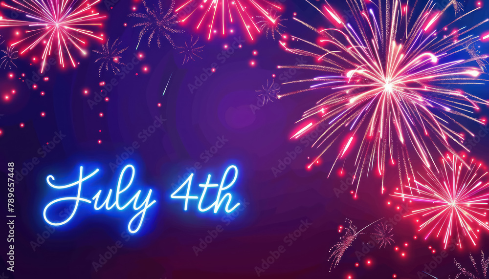 american independence day celebration with july fourth neon typography and festive fireworks