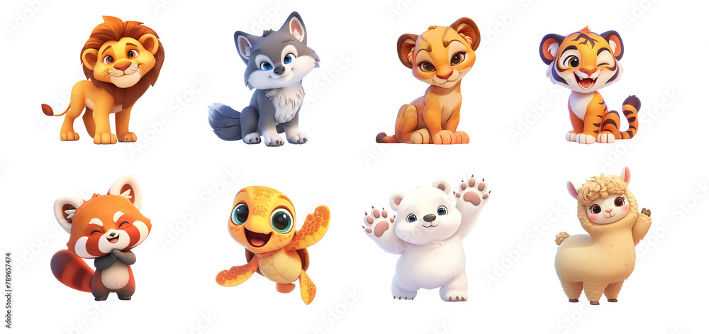 Obraz premium Set of cute animal characters isolated on transparent background. Cartoon style illustration. 3D elements for design, print
