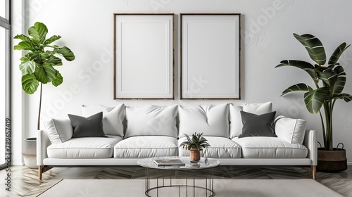 Modern living room interior with a white sofa and empty frames. Clean frame mockup