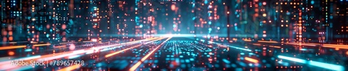 Perspective view of a futuristic data stream. Cyber tunnel with glowing lines and bokeh lights in red and blue
