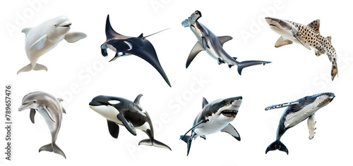 Fototapeta Naklejka Na Ścianę i Meble -  Set of marine animals isolated on transparent background. Hammerhead shark, orca whale, dolphin, manta ray, leopard shark, beluga whale.