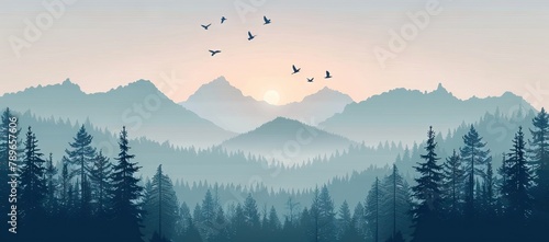 Beautiful natural landscape with trees with green foliage. You can also see mountains on the horizon and birds flying above the mountains. AI generated illustration photo