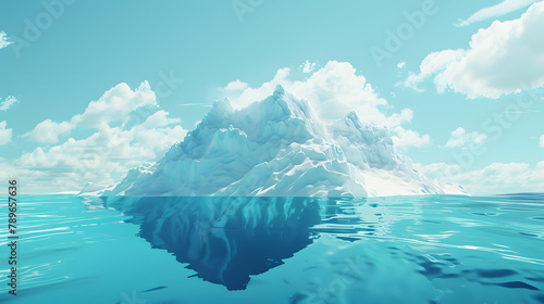 A massive iceberg floating in the ocean. with most of its surface submerged and only one small portion showing above water. The underwater part is depicted as smooth ice