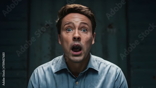 Shocked man with wide eyes and open mouth photo