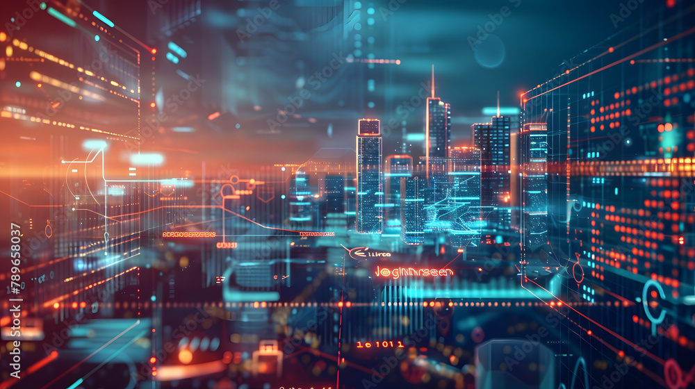 Fototapeta premium A modern luminous presentation of data and schematics. with virtual interfaces gleaming in the twilight background