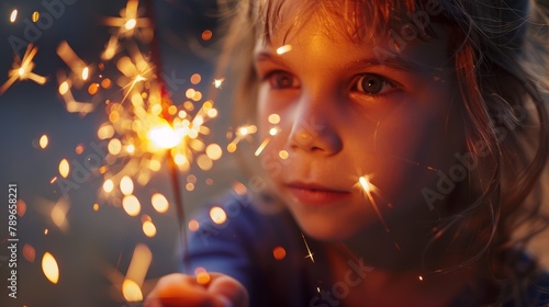 Child holding a lit sparkler. Nighttime joy and celebration concept