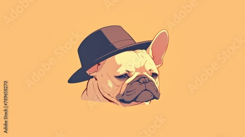 Illustration of a French Bulldog puppy s head in a stylish hat embodying a cartoon character as a logo photo