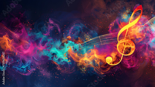 A musical note bursting with a spectrum of colors. representing the harmony and rhythm of music. The silent backdrop emphasizes the lively colors of its burst