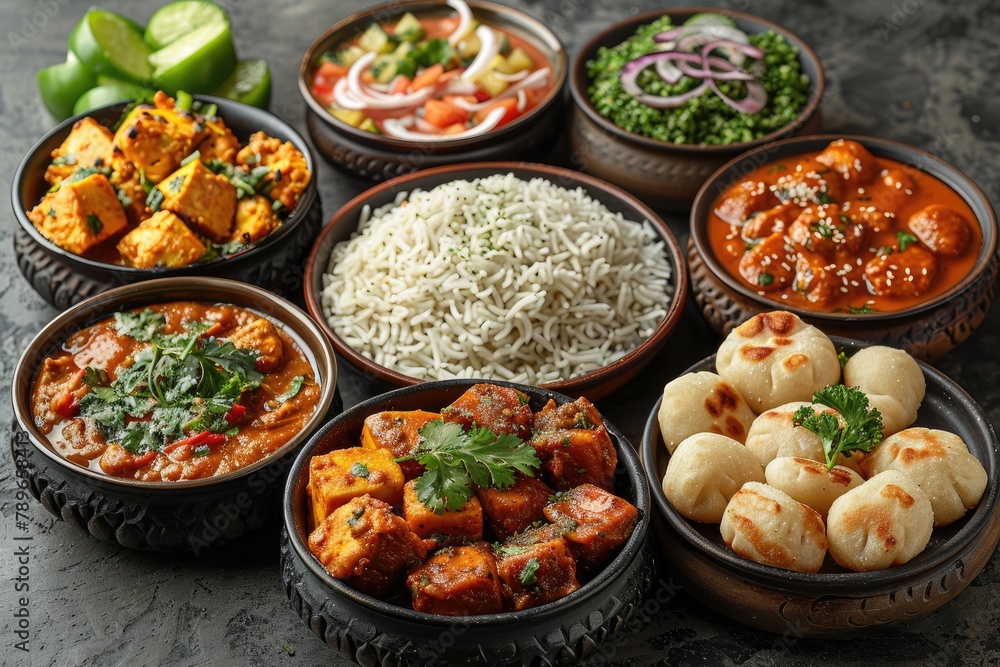Set of Indian foods, top view, on black background. momos, butter chicken curry and rice. samosas, pani puri on plate. Asian food set collection top view. Indian and Pakistani food collection Set of Indian foods, top view, on black background. momos, butter chicken curry and rice. samosas, pani puri on plate. Asian food set collection top view. Indian and Pakistani food collection