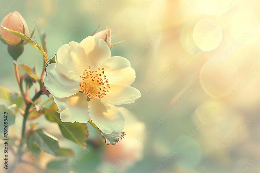 Spring blossom or summer blossoming rose rosehip, toned, bokeh flower background, pastel and soft floral card .