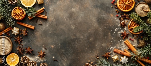 Background of Christmas spices. Ingredients for holiday baking and cooking. Traditional Christmas dishes. Overhead view with space for text.