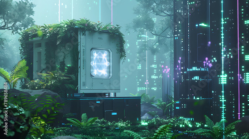 A network hub with biofuel generators and tidal turbines in the distance. bordered by a verdant jungle and plasma-colored illuminations on one flank.
