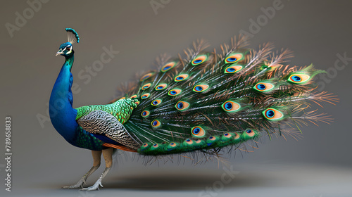 A peacock with brilliant. multicolored plumage is shown against a grey background. The colors feature radiant blue and green eyespots on the tail photo