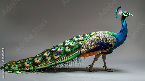 A peacock with brilliant. multicolored plumage is shown against a grey background. The colors feature radiant blue and green eyespots on the tail photo