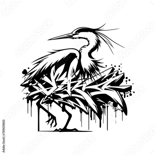 heron silhouette, animal graffiti tag, hip hop, street art typography illustration.