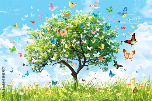 Summer tree. Tree surrounded with birds and butterflies .