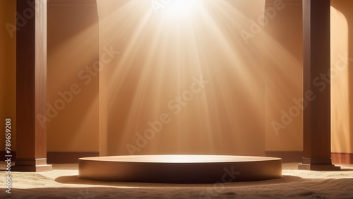 Sunlight streams through a columned space, highlighting a central table on a sandy floor photo