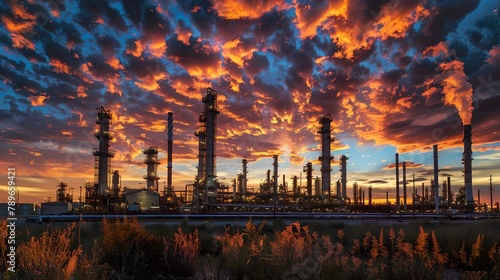Industrial refinery plants with towering chimneys under a fiery sunset sky. Capturing energy sector infrastructure. Dramatic cloudscape above a symbol of industry. AI photo