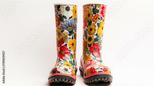 mid-height rubber boots garden shoes in flower look  white background  copy and text space  16 9