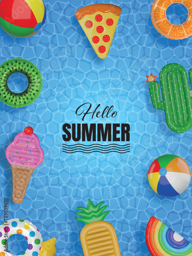 hello summer poster with 3d colorful inflatables on pool water texture	