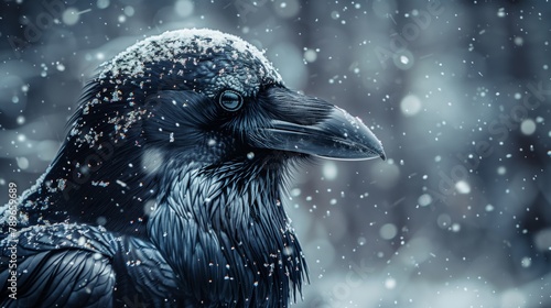 Closeup of a black bird with electric blue feathers in the snow photo