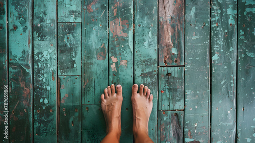 A photo of beautiful female feet with great toes standing on an old green wooden floor photo