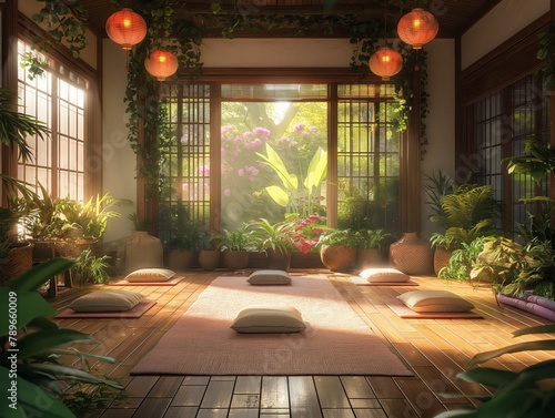 A room with a lot of plants and a lot of pillows. The mood of the room is calm and relaxing