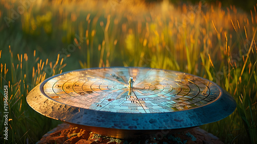 A polished sundial with radiant hues symbolizing various epochs. positioned against a twilight backdrop. The shadow on the dial creates an abstract depiction of human sentiments and experiences.  photo
