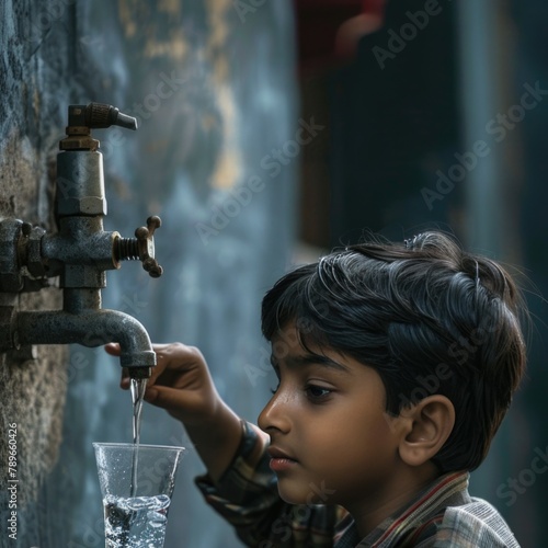 an Indian child boy draws water into a glass from a public street tap. Poverty. Lack of clean drinking water.
