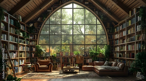 Serene Book Haven with Nature View and Comfy Corner. Concept Nature-Inspired Decor, Reading Nook, Peaceful Ambiance, Cozy Book Nook