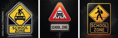 set of school zone sign on a black background. Generative ai