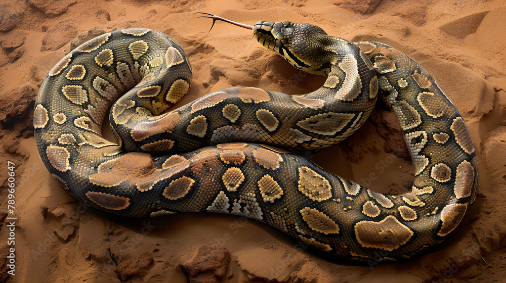 A python with intricate. multicolored patterns on its skin is portrayed ...