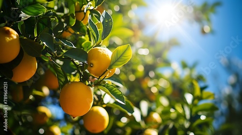 A sunny image of a lemon tree with yellow lemons hanging heavily from its branches, their bright colors vibrant against the lush green leaves, capturing the essence of a fruitful summer day. photo
