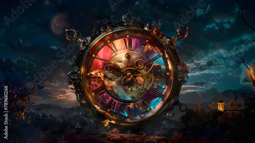 A refined chronometer with vivid shades indicating assorted periods. situated against a nightfall scene. The hands on the clock present an abstract exhibit of personalities and emotions. 
