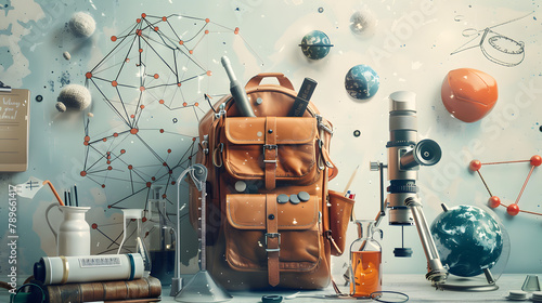 A school backpack with different scientific instruments spilling out of it. symbolizing science education. A creative concept for science learning